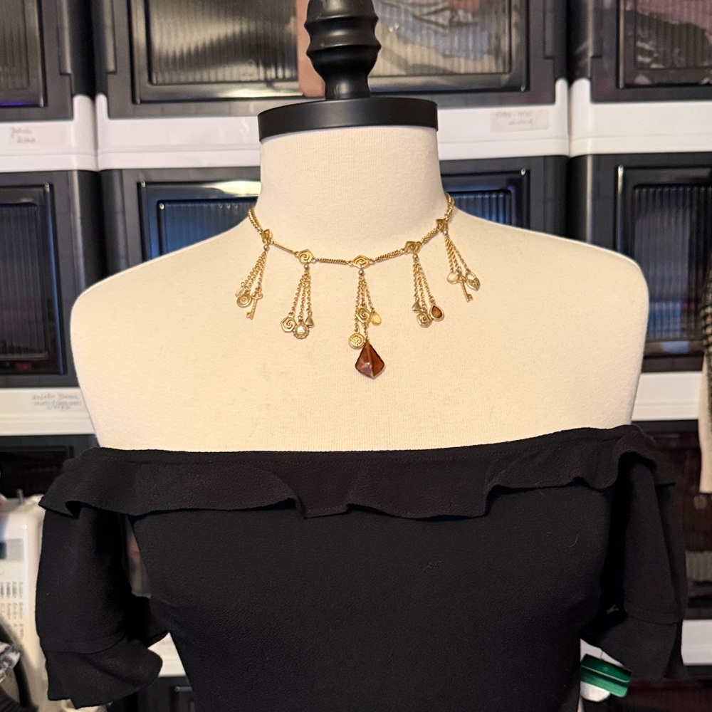 Vintage Gold-plated Pendant Fringe Necklace with Vintage Brown - Picture 8 of 9